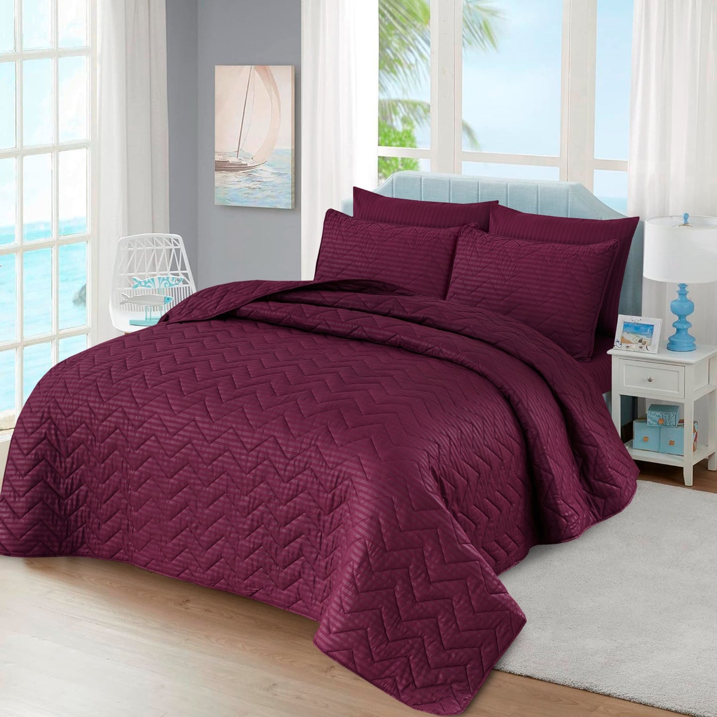 MAROON STRIPE Plain- Summer Bedspread Set (Light Filling)