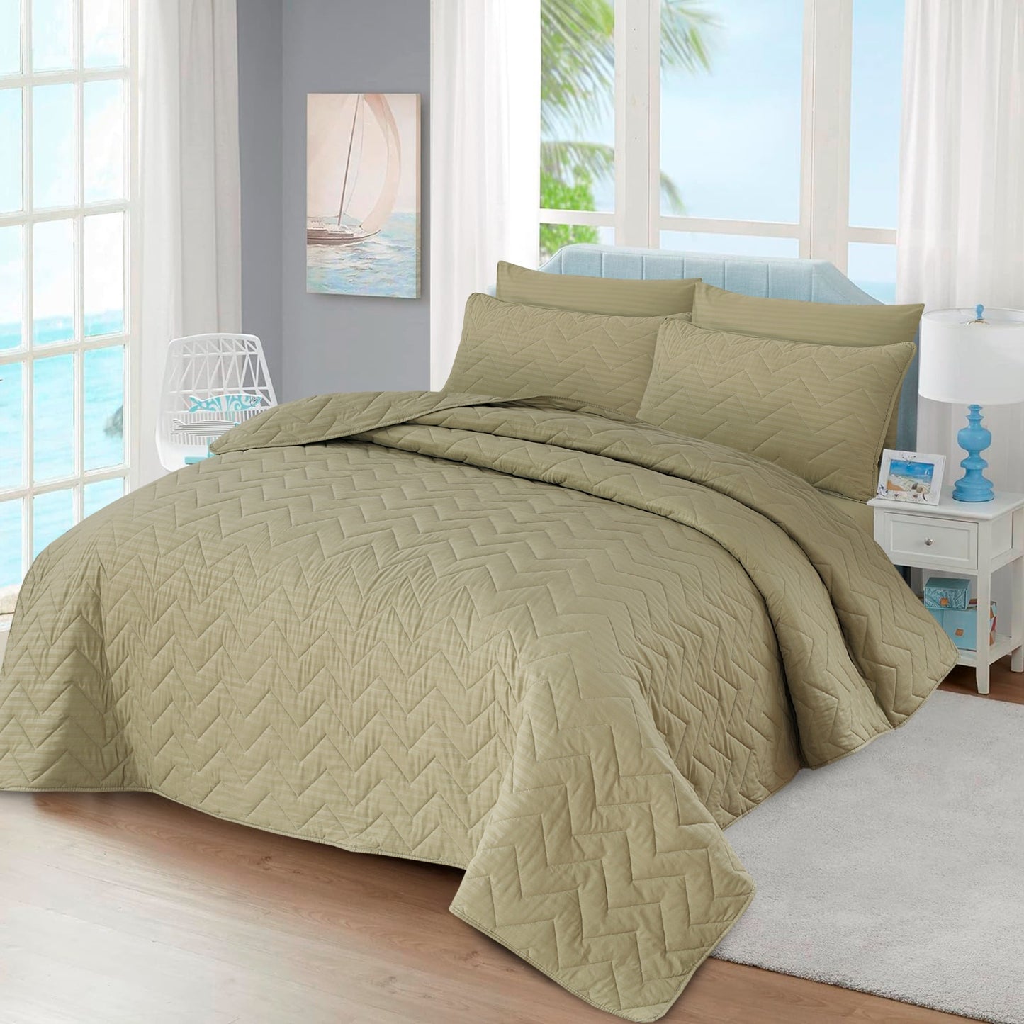 PISTACH STRIPE Plain- Summer Bedspread Set (Light Filling)