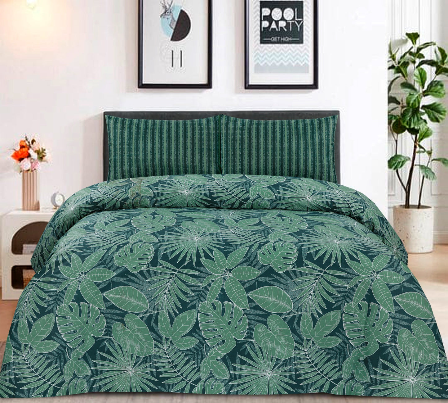 Premium 3pcs King Size Bedsheet Set - Green Leaves