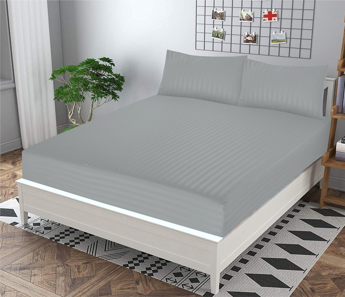 Grey Stripe- 3PCS KING FITTED BEDHSEET