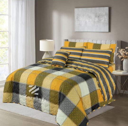 Yellow Check- 8Pcs Summer Comforter Set (Light Filling)