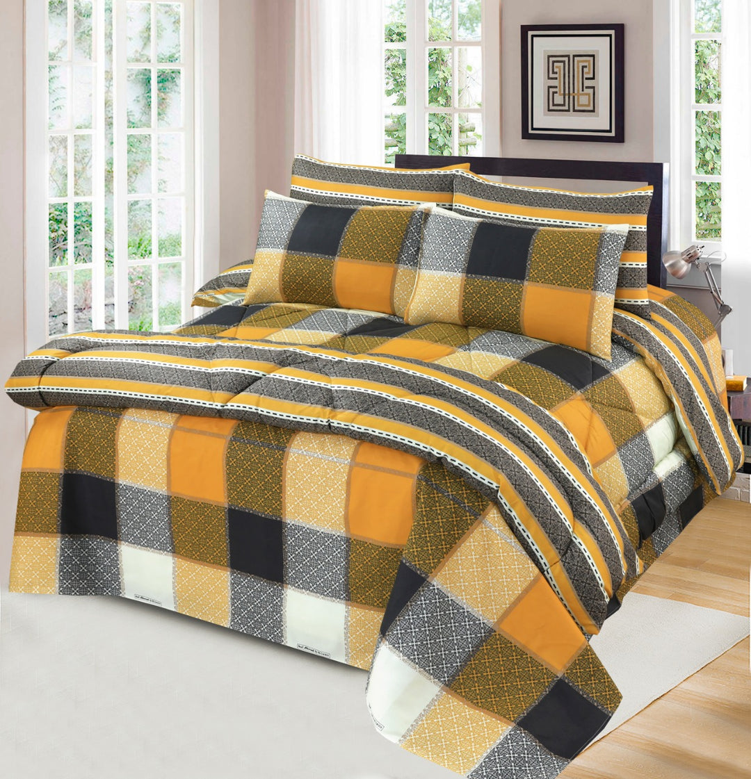 Yellow Check- 8Pcs Summer Comforter Set (Light Filling)